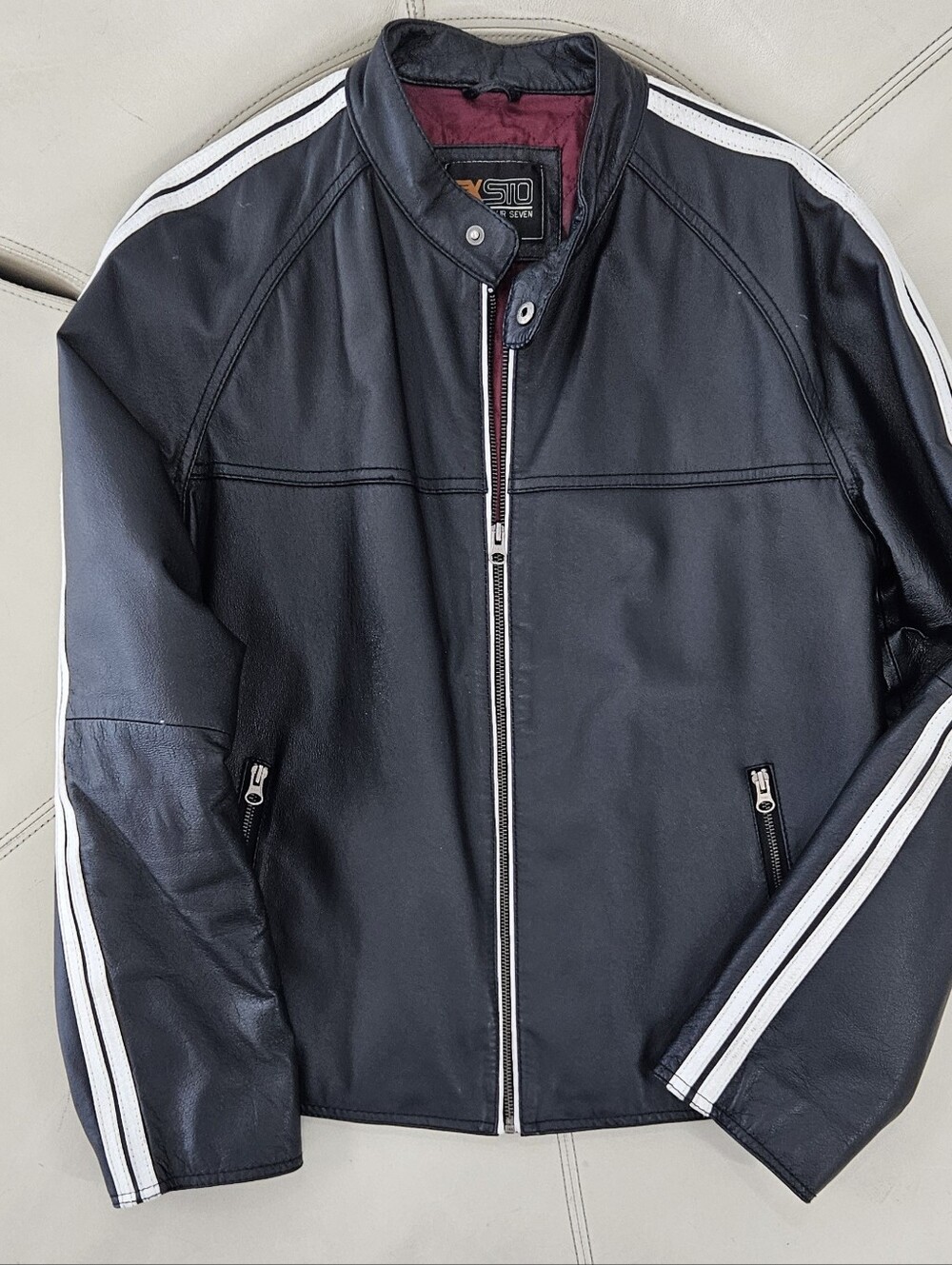 Vintage Y2k Men's Black Leather Jacket with White Racing Stripes